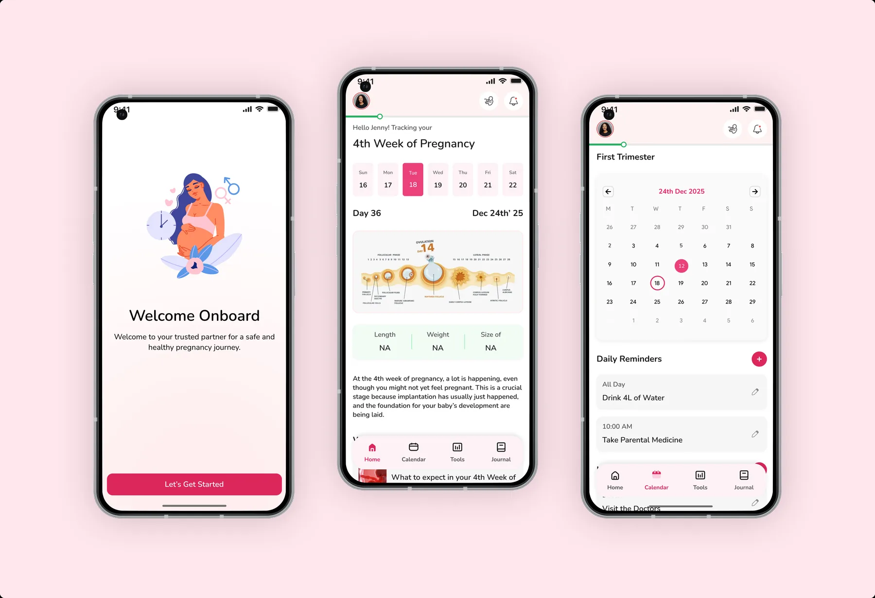 Mama's Hump — onboarding, weekly tracking and calendar screens